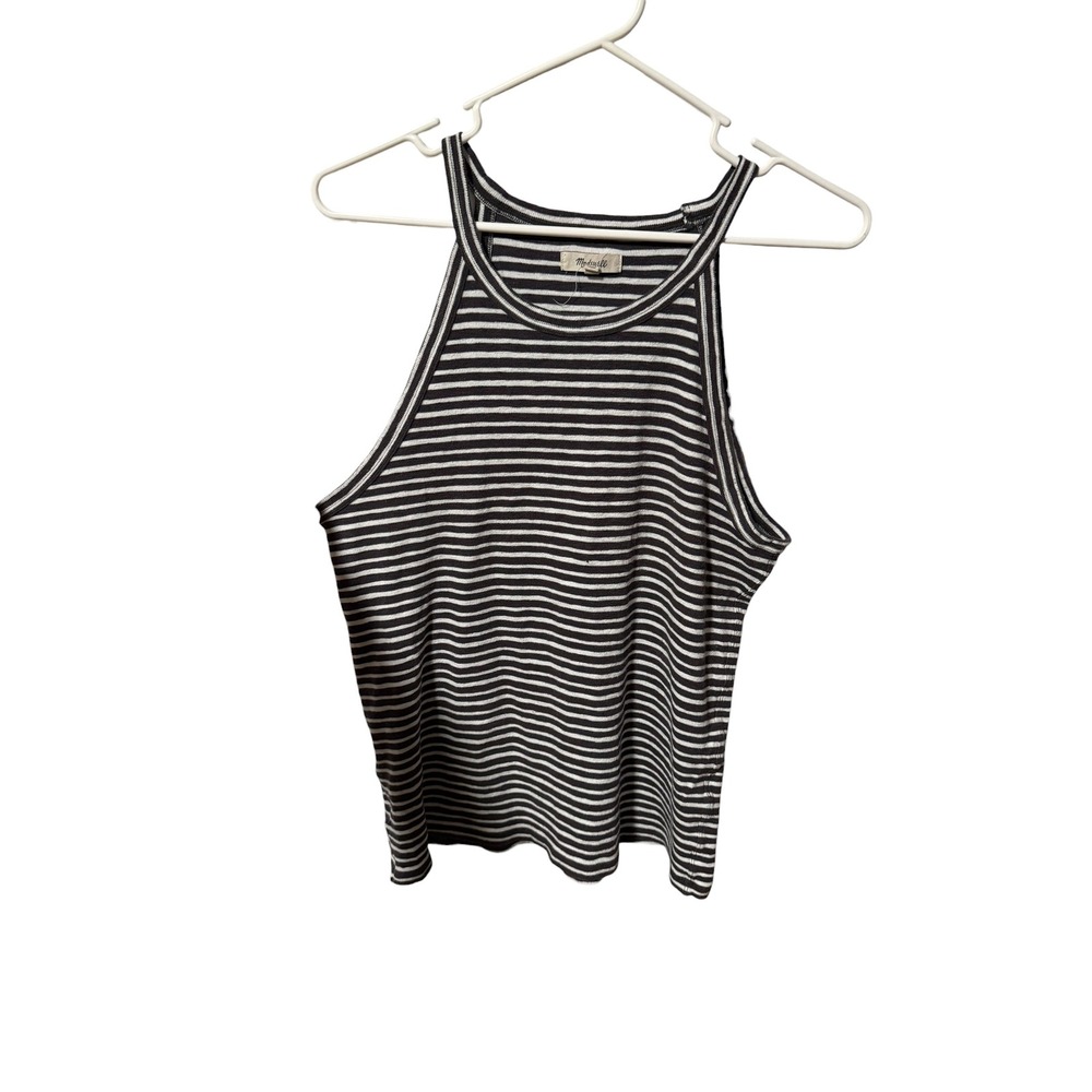 Madewell Size Large Black White Striped High Neck Racerback Tank Top